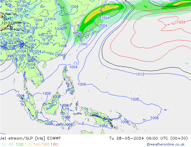 Straalstroom/SLP ECMWF di 28.05.2024 06 UTC