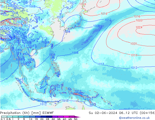 Precipitation (6h) ECMWF Su 02.06.2024 12 UTC