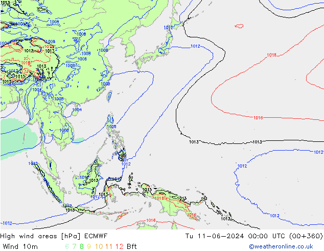 yüksek rüzgarlı alanlar ECMWF Sa 11.06.2024 00 UTC