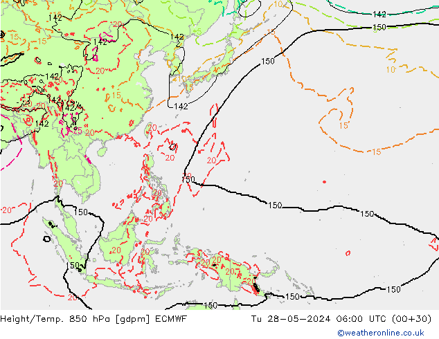 Hoogte/Temp. 850 hPa ECMWF di 28.05.2024 06 UTC
