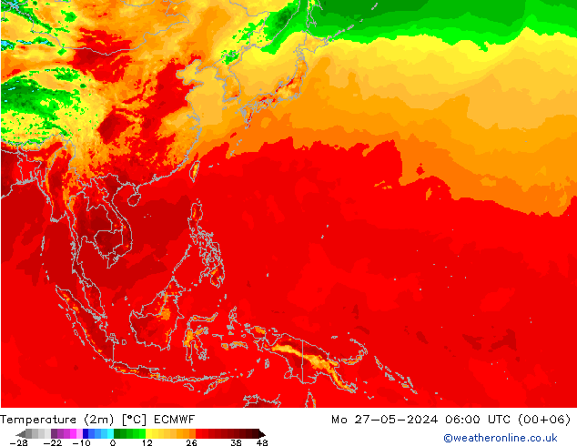 mapa temperatury (2m) ECMWF pon. 27.05.2024 06 UTC