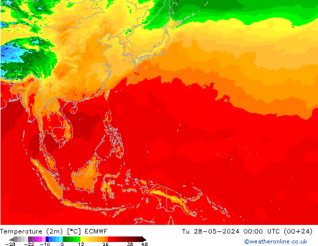 mapa temperatury (2m) ECMWF wto. 28.05.2024 00 UTC