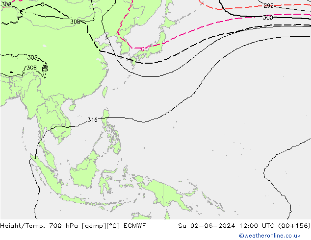 Height/Temp. 700 hPa ECMWF Su 02.06.2024 12 UTC