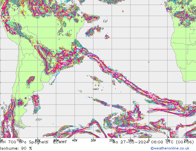 RH 700 hPa Spaghetti ECMWF Mo 27.05.2024 06 UTC