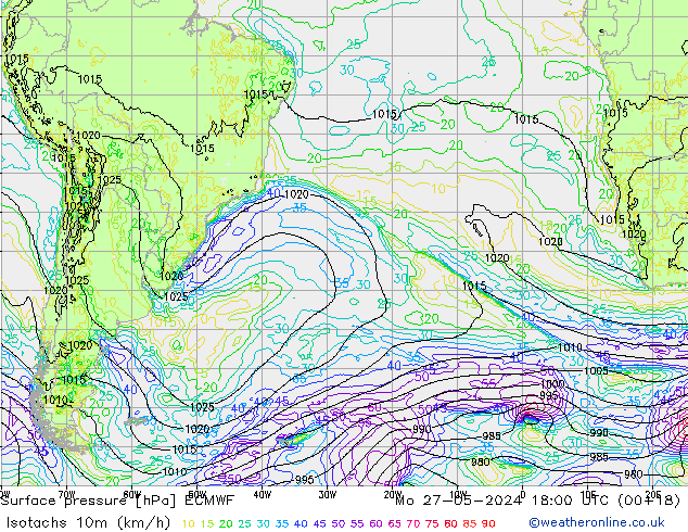 Isotachs (kph) ECMWF Po 27.05.2024 18 UTC