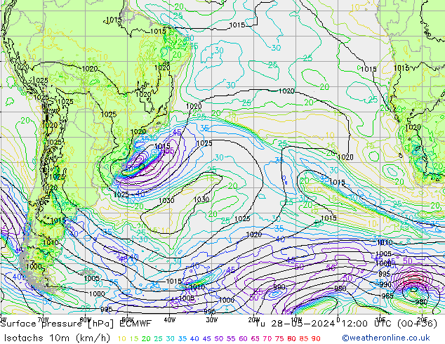 Isotachs (kph) ECMWF Tu 28.05.2024 12 UTC