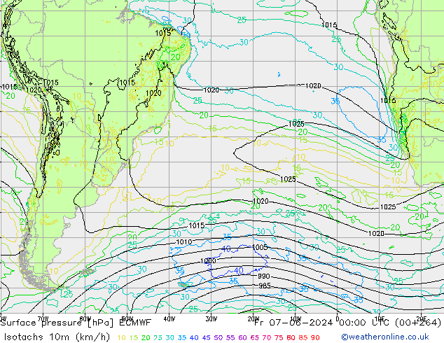 Isotaca (kph) ECMWF vie 07.06.2024 00 UTC