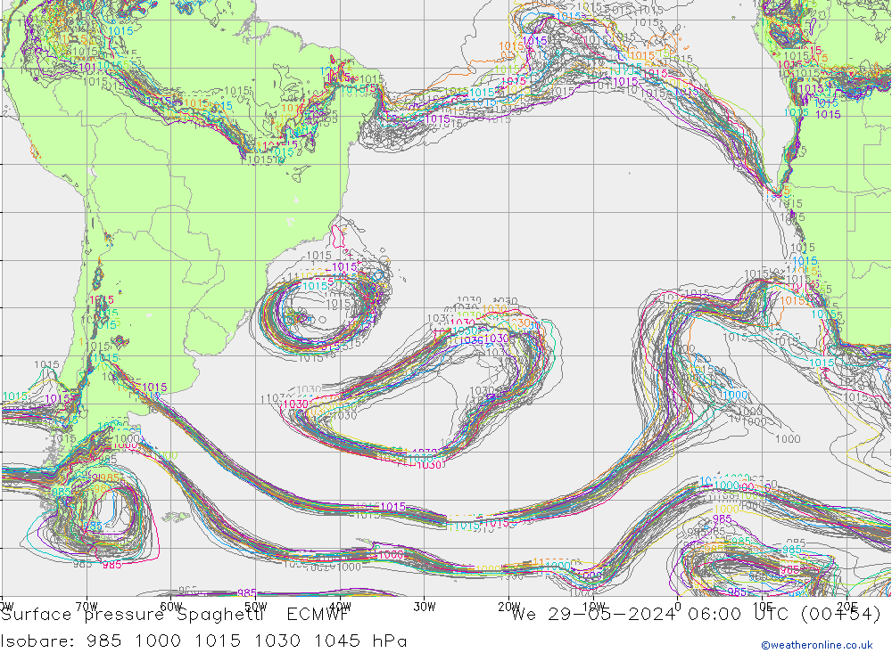 Luchtdruk op zeeniveau Spaghetti ECMWF wo 29.05.2024 06 UTC