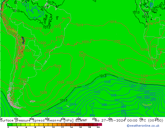 Luchtdruk op zeeniveau Spread ECMWF ma 27.05.2024 00 UTC