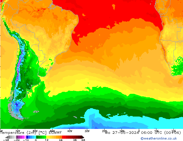 Temperatura (2m) ECMWF lun 27.05.2024 06 UTC