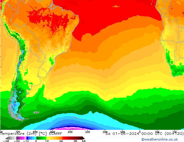 mapa temperatury (2m) ECMWF so. 01.06.2024 00 UTC