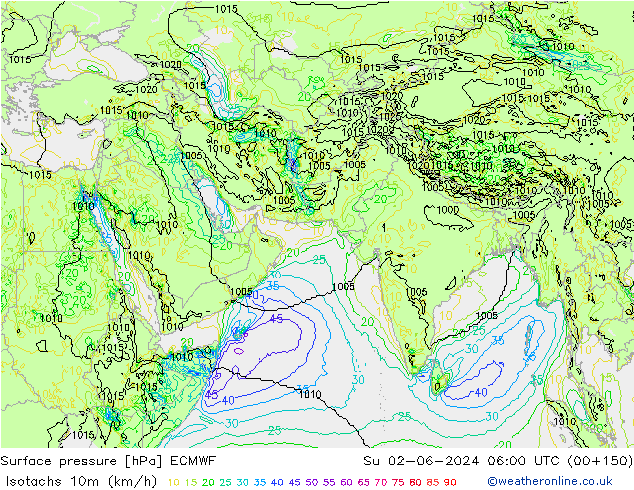 Isotachen (km/h) ECMWF zo 02.06.2024 06 UTC