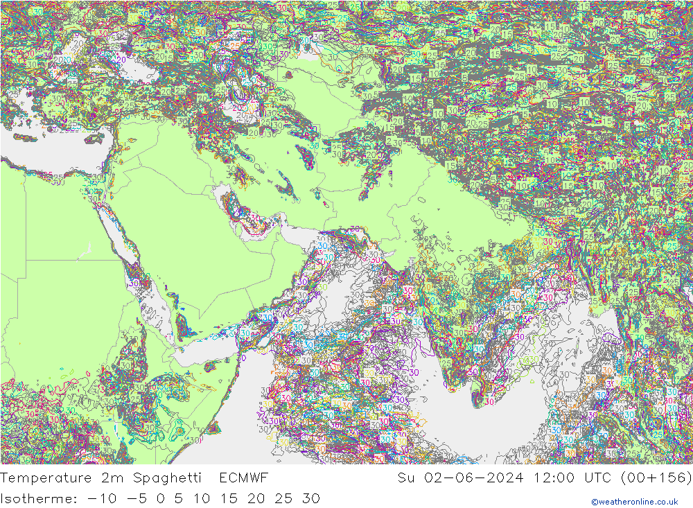 Temperature 2m Spaghetti ECMWF Su 02.06.2024 12 UTC