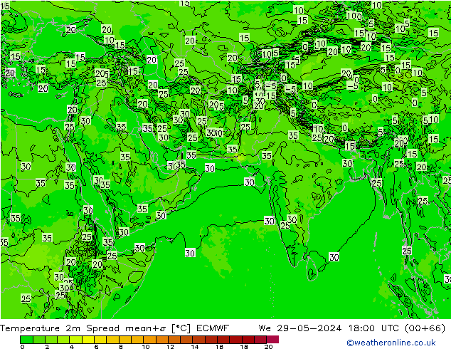 Temperature 2m Spread ECMWF We 29.05.2024 18 UTC