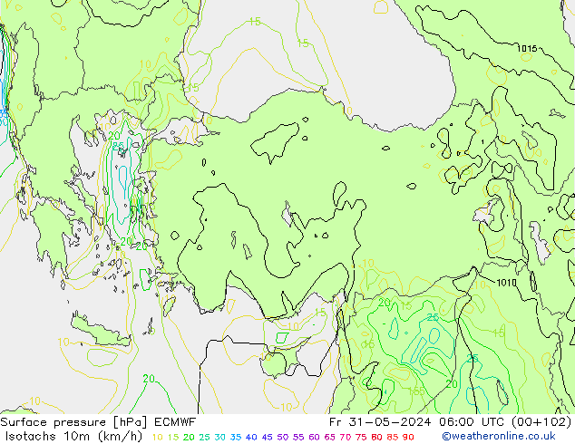 Isotachen (km/h) ECMWF vr 31.05.2024 06 UTC