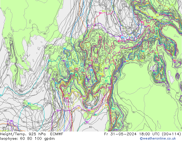 Height/Temp. 925 hPa ECMWF Sex 31.05.2024 18 UTC