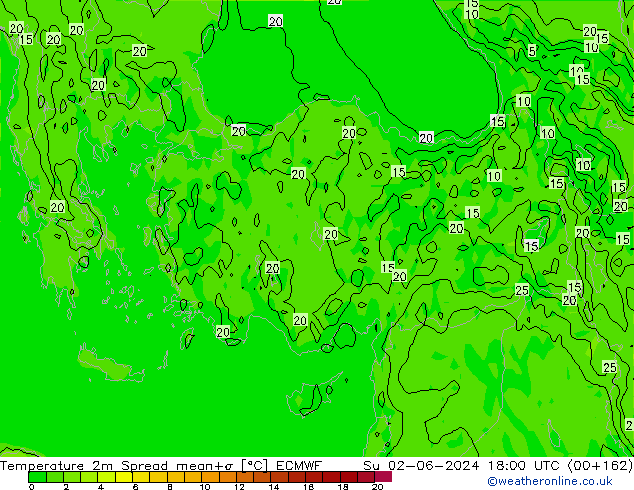 Temperature 2m Spread ECMWF Su 02.06.2024 18 UTC