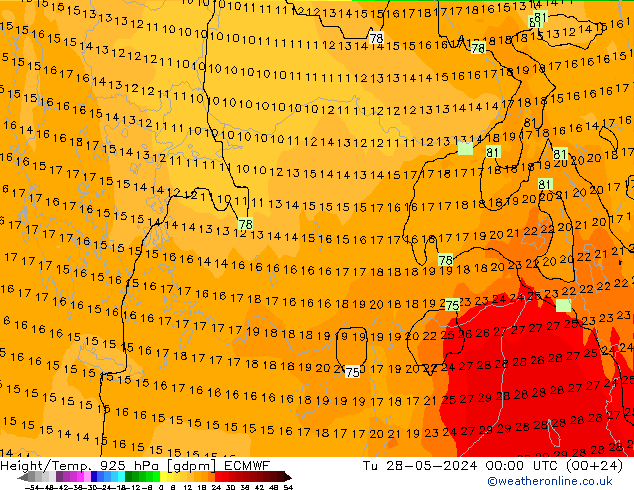 Height/Temp. 925 hPa ECMWF Út 28.05.2024 00 UTC