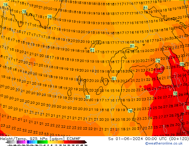 Yükseklik/Sıc. 925 hPa ECMWF Cts 01.06.2024 00 UTC