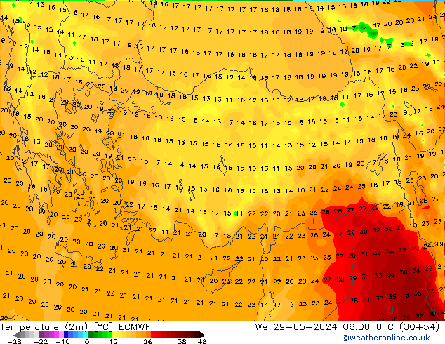 Temperature (2m) ECMWF We 29.05.2024 06 UTC