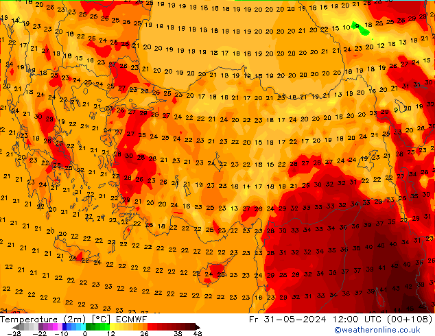 Temperatura (2m) ECMWF vie 31.05.2024 12 UTC