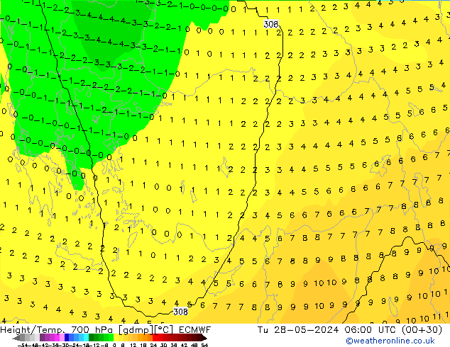 Height/Temp. 700 hPa ECMWF Út 28.05.2024 06 UTC