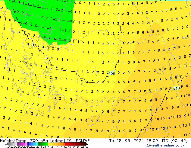 Height/Temp. 700 hPa ECMWF Út 28.05.2024 18 UTC