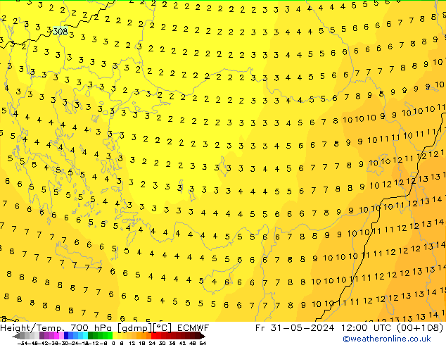 Height/Temp. 700 гПа ECMWF пт 31.05.2024 12 UTC