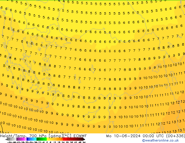 Height/Temp. 700 hPa ECMWF lun 10.06.2024 00 UTC