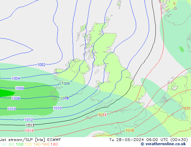 Jet stream/SLP ECMWF Tu 28.05.2024 06 UTC