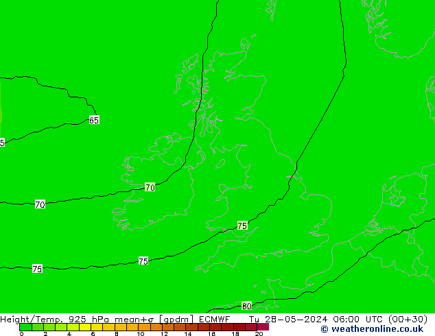 Height/Temp. 925 hPa ECMWF Út 28.05.2024 06 UTC