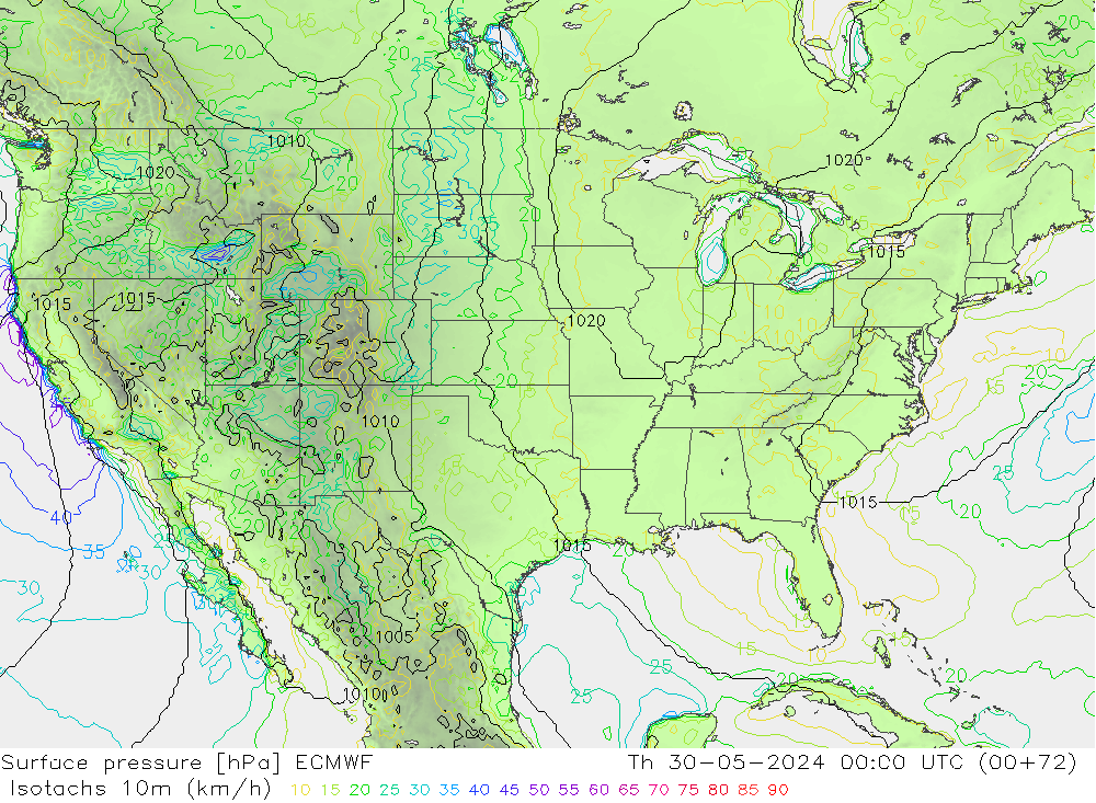 Isotachs (kph) ECMWF Th 30.05.2024 00 UTC