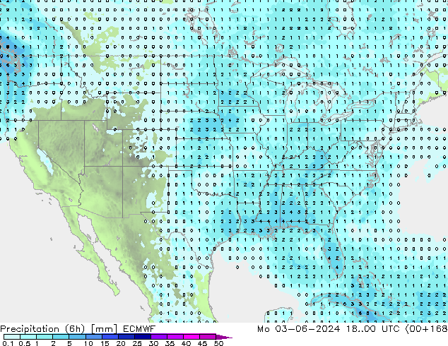 Precipitation (6h) ECMWF Mo 03.06.2024 00 UTC