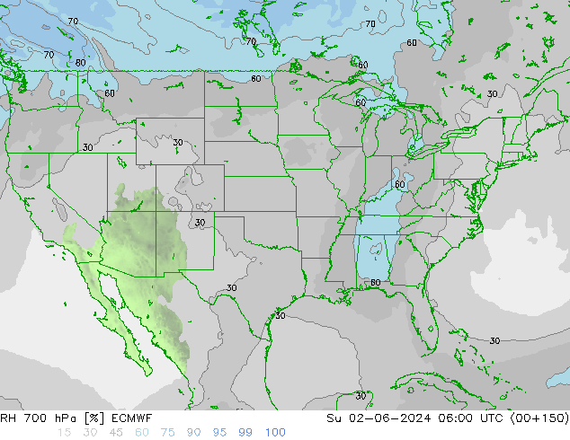 RH 700 гПа ECMWF Вс 02.06.2024 06 UTC