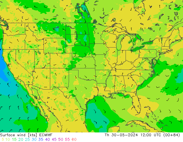 Surface wind ECMWF Čt 30.05.2024 12 UTC