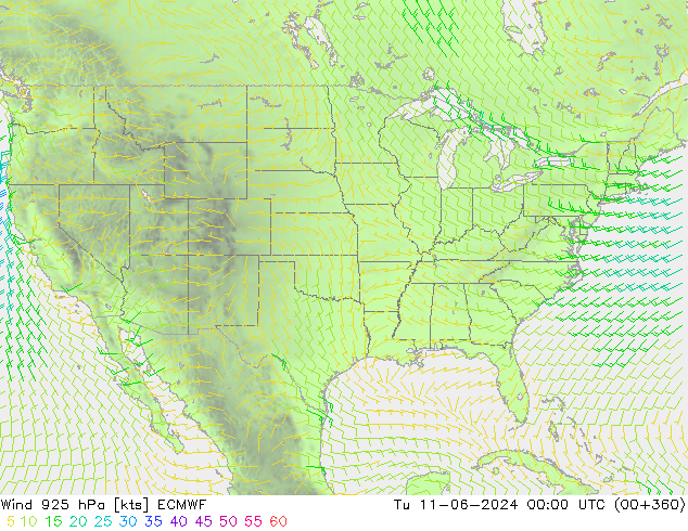 Wind 925 hPa ECMWF Út 11.06.2024 00 UTC