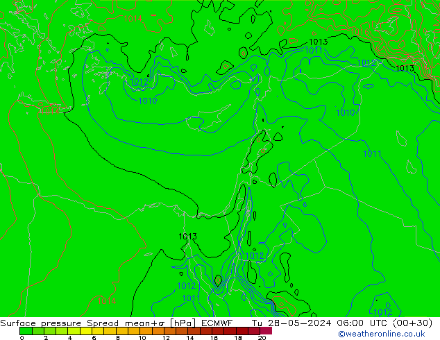 Presión superficial Spread ECMWF mar 28.05.2024 06 UTC