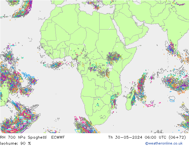 Humedad rel. 700hPa Spaghetti ECMWF jue 30.05.2024 06 UTC