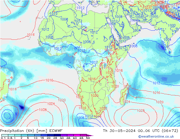 Totale neerslag (6h) ECMWF do 30.05.2024 06 UTC