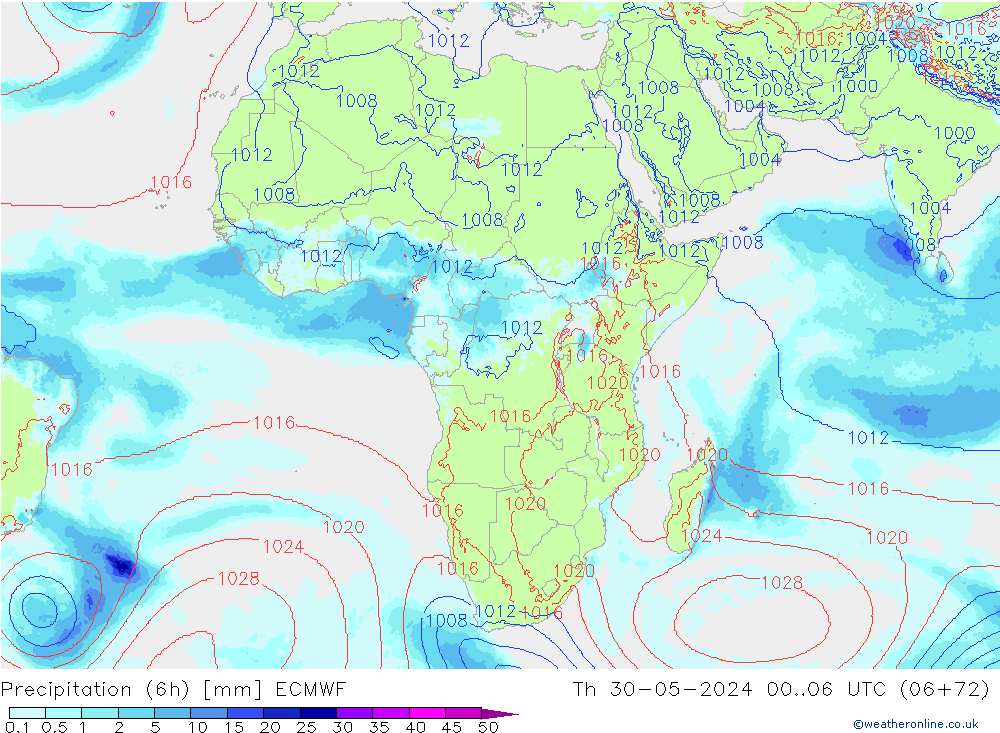 Totale neerslag (6h) ECMWF do 30.05.2024 06 UTC