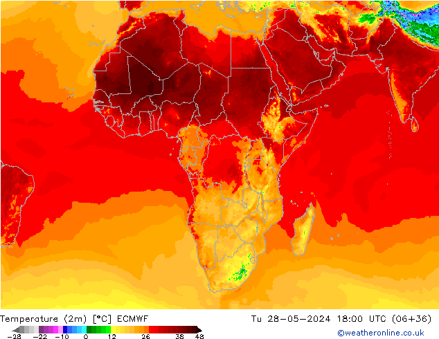 mapa temperatury (2m) ECMWF wto. 28.05.2024 18 UTC