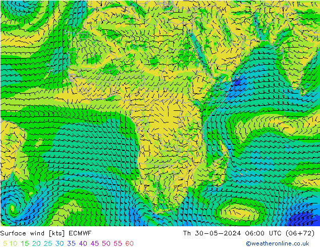 Wind 10 m ECMWF do 30.05.2024 06 UTC