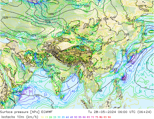 Isotachs (kph) ECMWF mar 28.05.2024 06 UTC