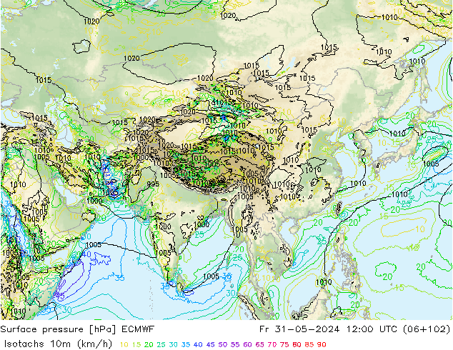 Isotachen (km/h) ECMWF vr 31.05.2024 12 UTC