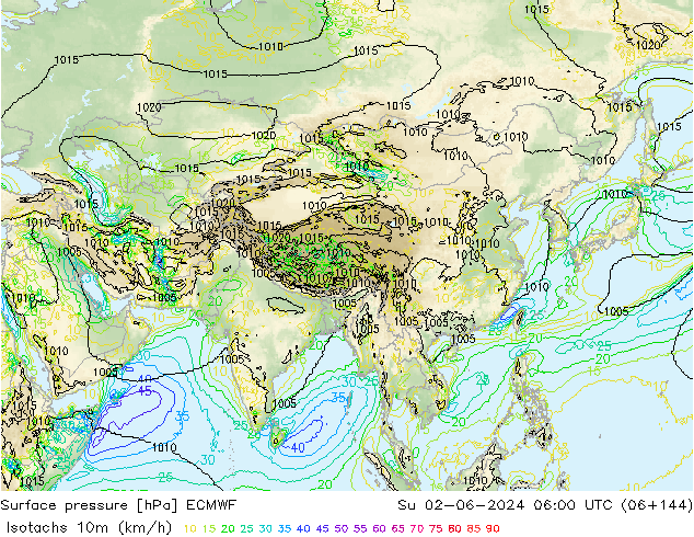 Isotachs (kph) ECMWF Ne 02.06.2024 06 UTC