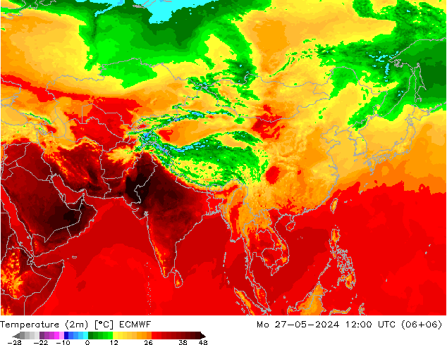 Temperatuurkaart (2m) ECMWF ma 27.05.2024 12 UTC