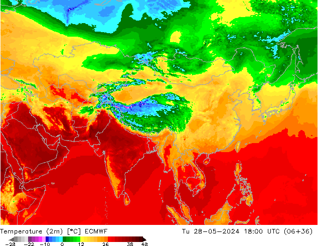 Temperatuurkaart (2m) ECMWF di 28.05.2024 18 UTC