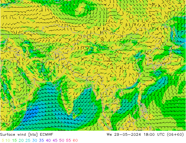 wiatr 10 m ECMWF śro. 29.05.2024 18 UTC