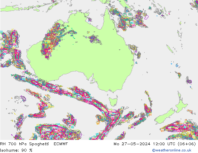 RH 700 hPa Spaghetti ECMWF lun 27.05.2024 12 UTC