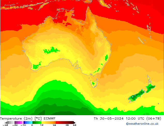 Temperatura (2m) ECMWF Qui 30.05.2024 12 UTC